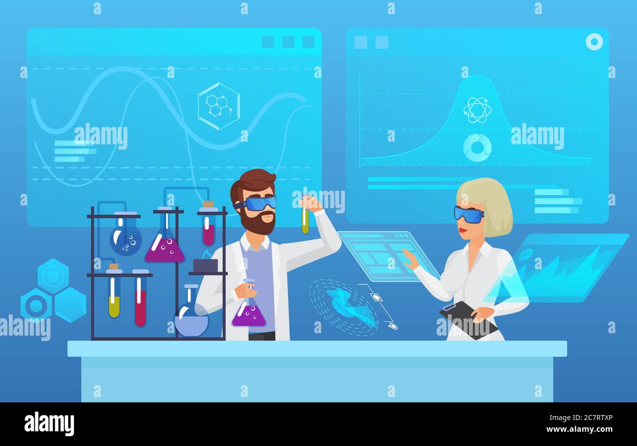 Scientific futuristic laboratory research flat vector illustration. Biochemistry, pharmacy, biotechnology experiment concept. Male and female scientists, modern medical workers analyzing characters Stock Vector