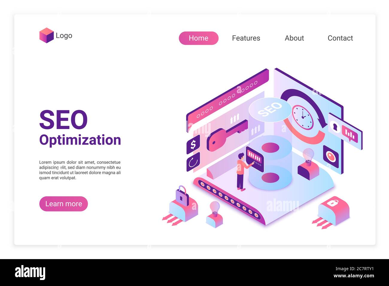 SEO isometric landing page vector template. Search engine marketing webpage layout. Website traffic increasing service 3d concept. Search results optimization and customization web page interface Stock Vector