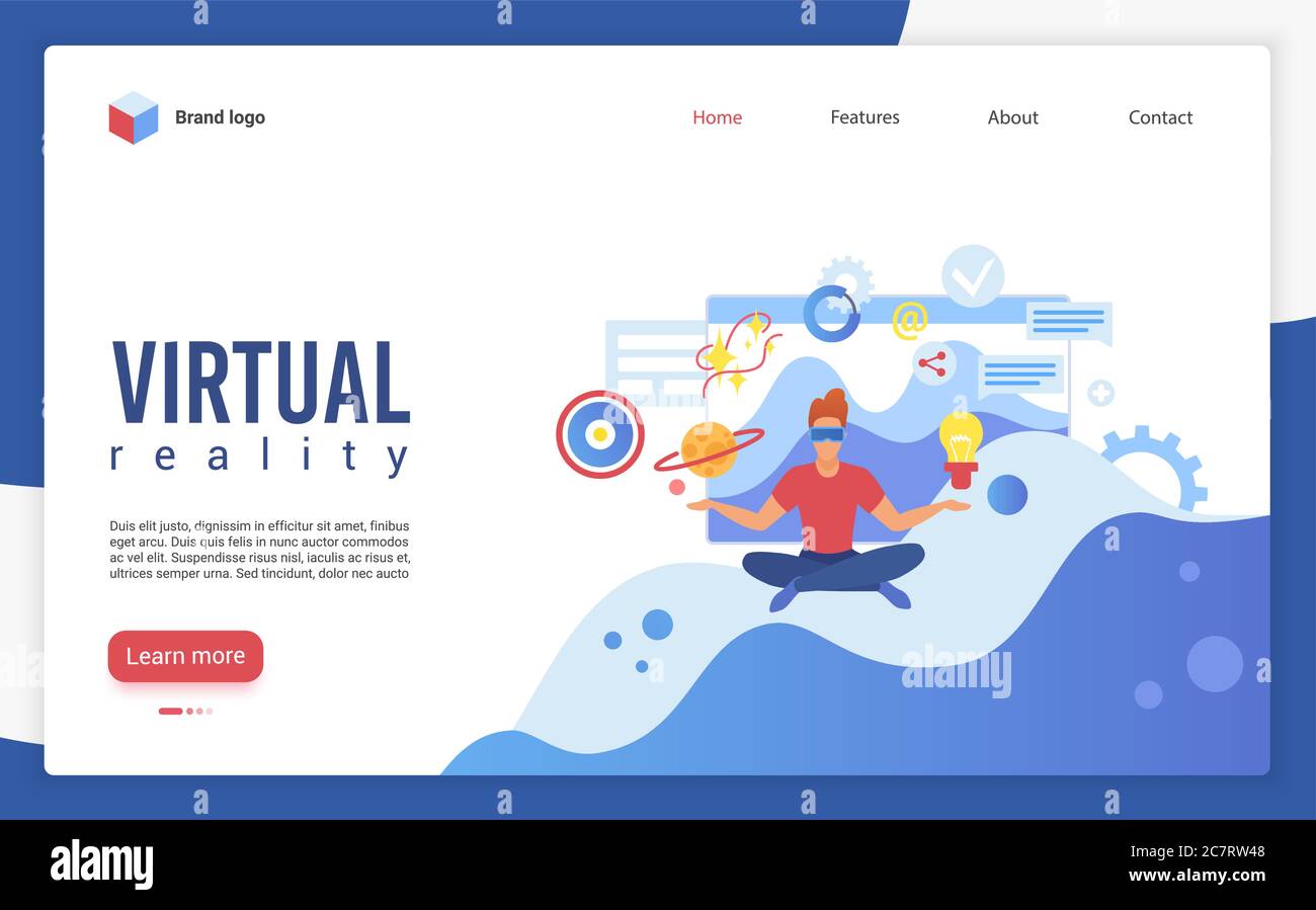 Virtual reality landing page vector template. Futuristic technology ...