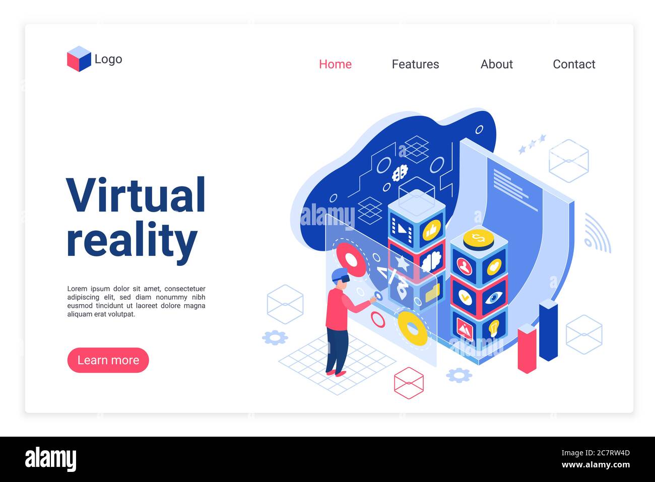 VR technology landing page vector template. Virtual reality devices website homepage interface layout with isometric illustration. Business and leisure innovation web banner, webpage cartoon concept Stock Vector