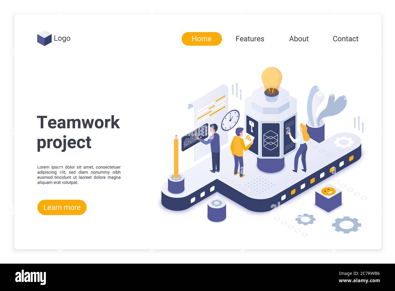 Teamwork project landing page vector template. Effective team building website homepage interface layout with isometric illustration. Successful business management web banner, webpage cartoon concept Stock Vector