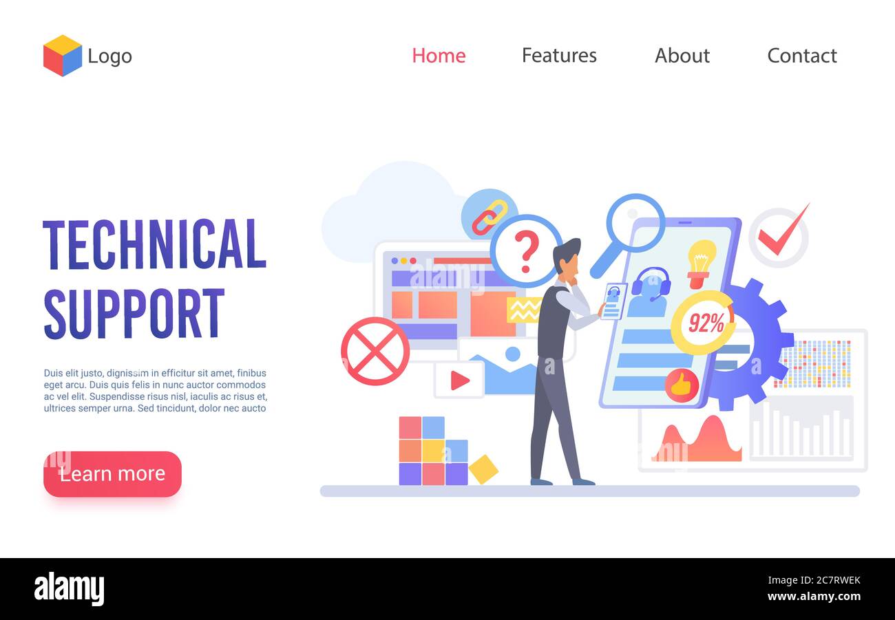 Technical support flat vector landing page template. Customer service, call center website homepage layout. IT engineer operator male cartoon character. Technician helpdesk web banner design Stock Vector