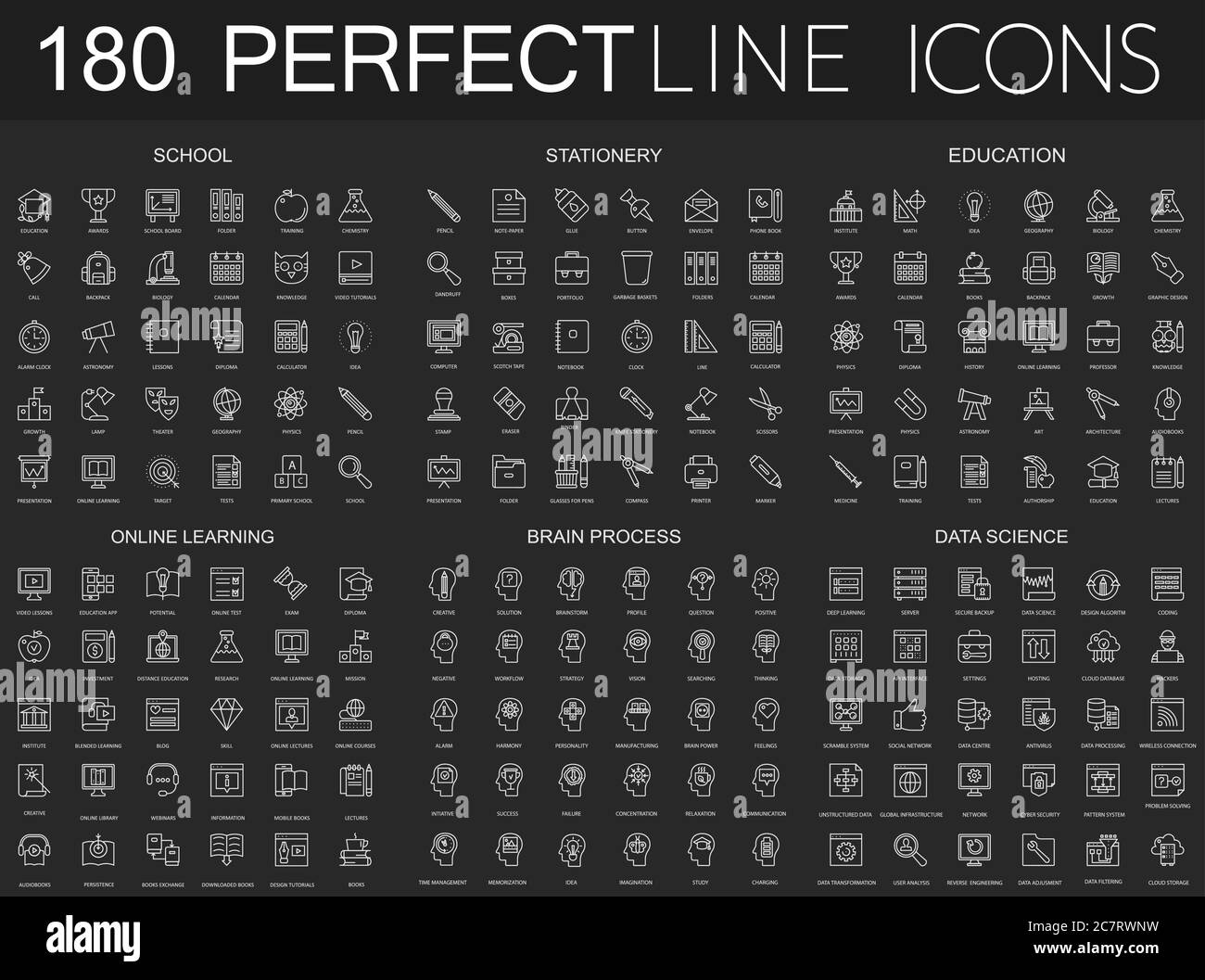 180 modern thin line icons set on dark black background. School ...