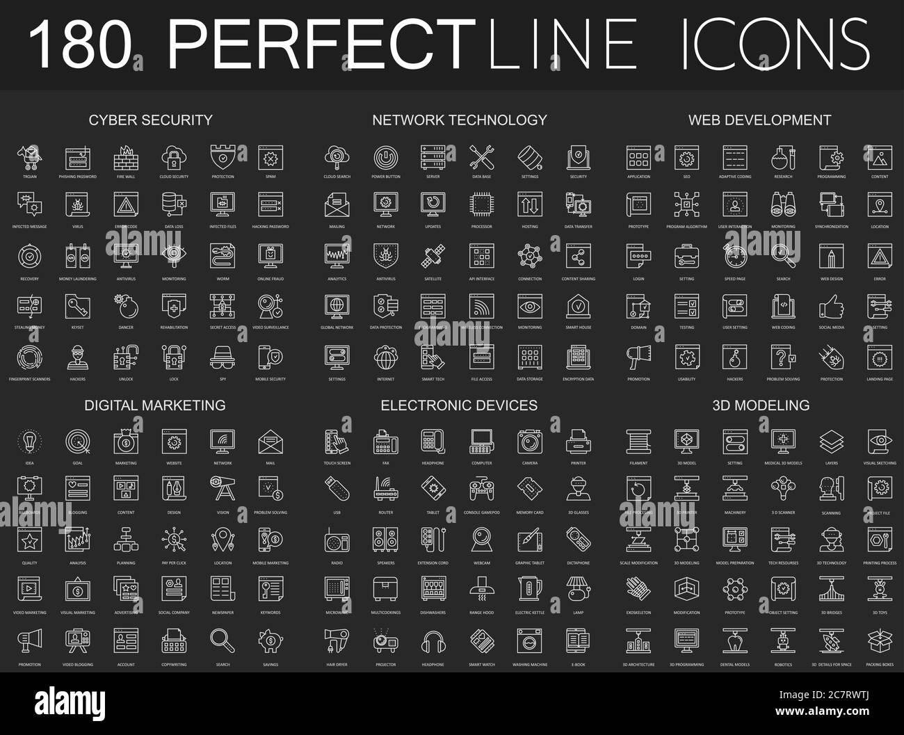 180 modern thin line icons set on dark black background. Cyber security, network technology, web development, digital marketing, electronic devices, 3d modeling isolated Stock Vector