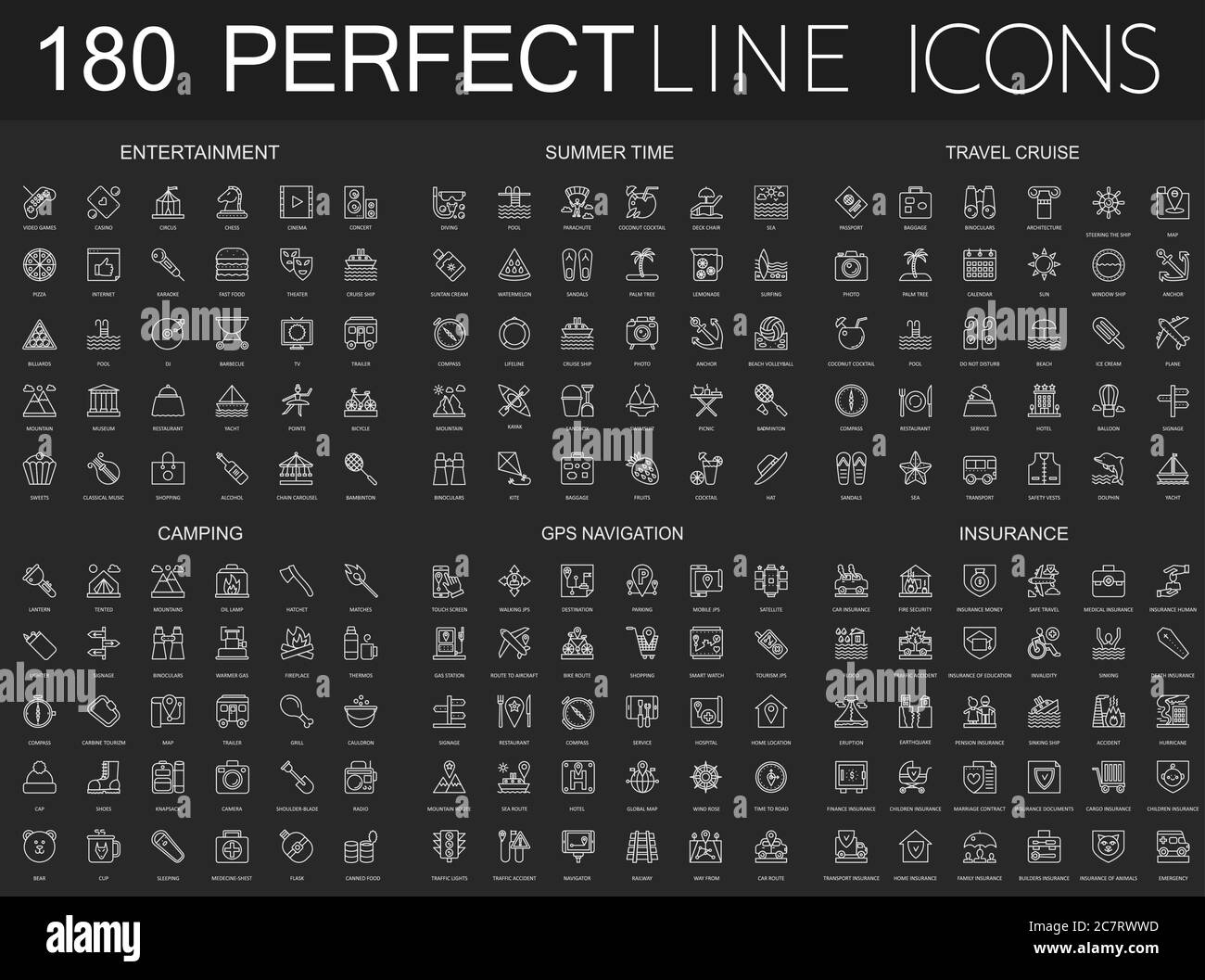 180 modern thin line icons set on dark black background. Entertainment, summer time, travel cruise, camping, gps navigation, insurance Stock Vector