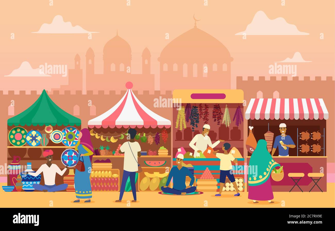 Street market flat vector illustration. Local Indian outdoor marketplace. Traditional retailing. Joyous ccartoon vendors at counters and customers. Sellers at stands. Asian city view background Stock Vector