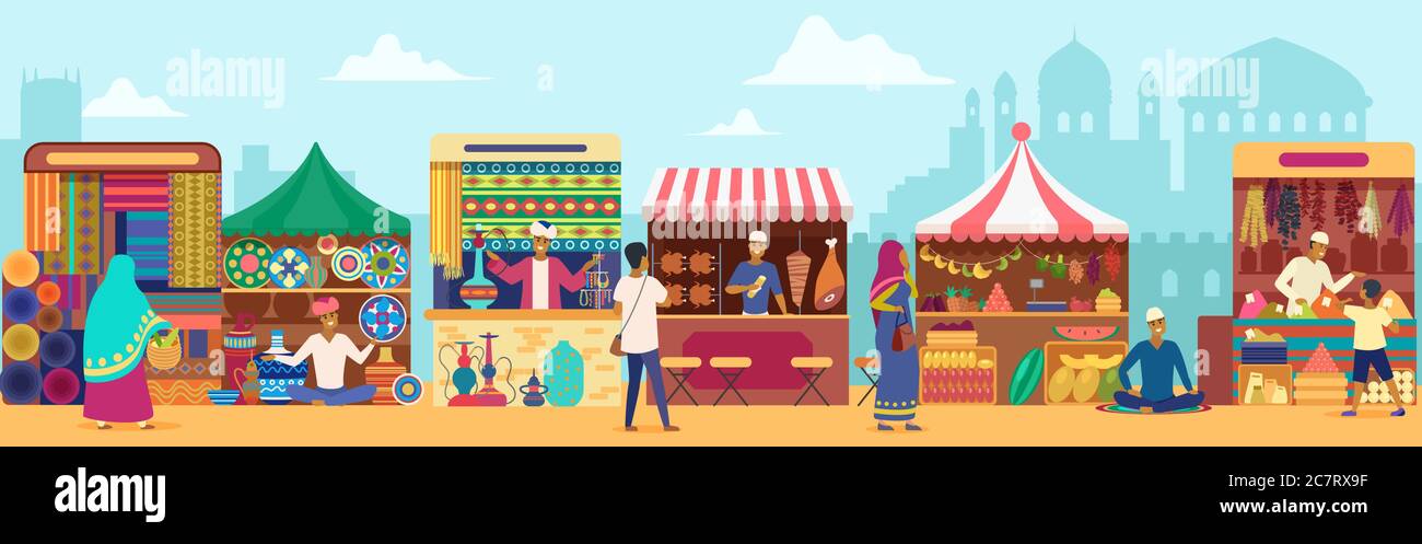 Asian street market flat vector illustration. People shopping at local marketplace. Cartoon vendors selling fresh food and home interior items. Sellers at counters. Indian city temples background Stock Vector Image & Art - Asian street market flat vector illustration. People shopping at local marketplace. Cartoon vendors selling fresh food and home interior items. Sellers at counters. Indian city temples background Stock Vector Image & Art -