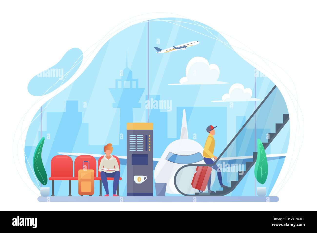 People in airport hall flat vector illustration. Passengers with suitcases cartoon characters. Travelers with baggage waiting for flight in departure lounge. Travel, trip. Vacation, journey Stock Vector