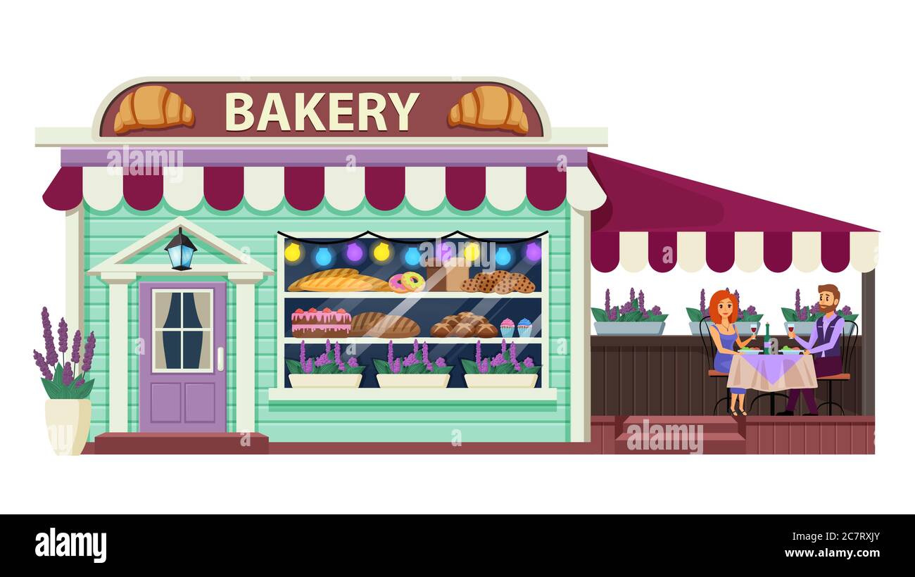 Bakery flat vector illustration. Pastry cafe exterior. Bakeshop front view. Patisserie establishment with vitrine and terrace. French cafeteria building. Storefront cartoon background Stock Vector