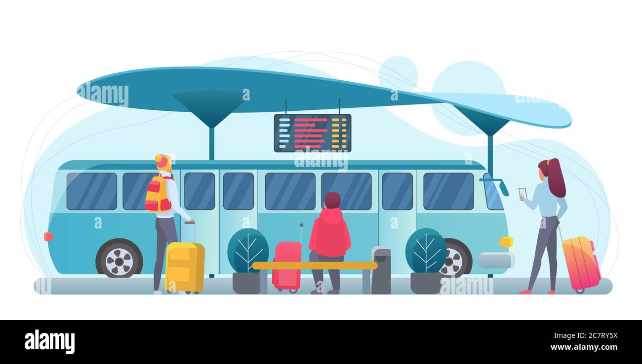 People waiting bus flat vector illustration. Passengers at station cartoon characters. Tourists with suitcases at platform. Travelers and city public transport. Vacation, trip, journey Stock Vector