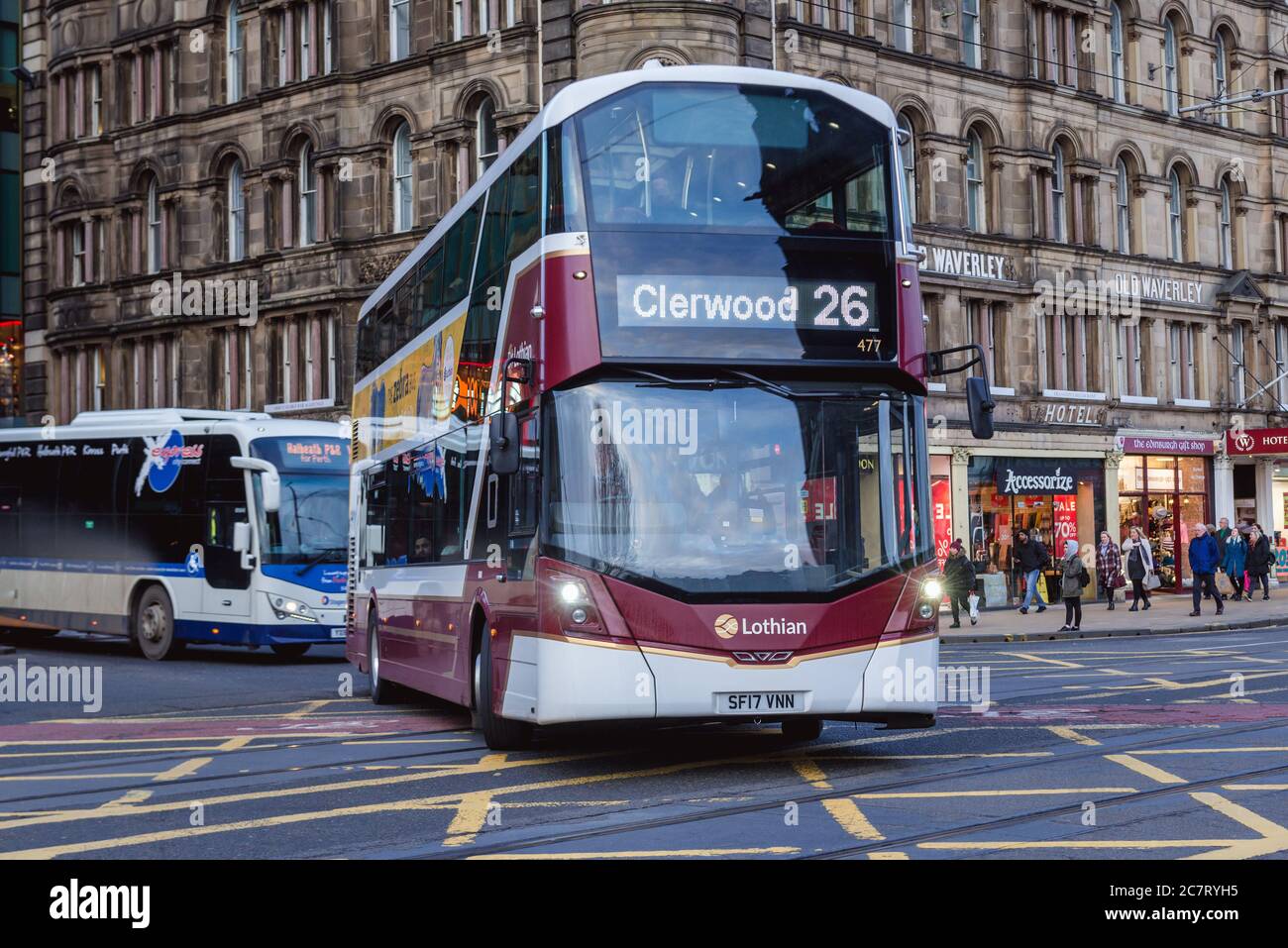 Line 26 bus in New Town district of Edinburgh, the capital of Scotland, part of United Kingdom