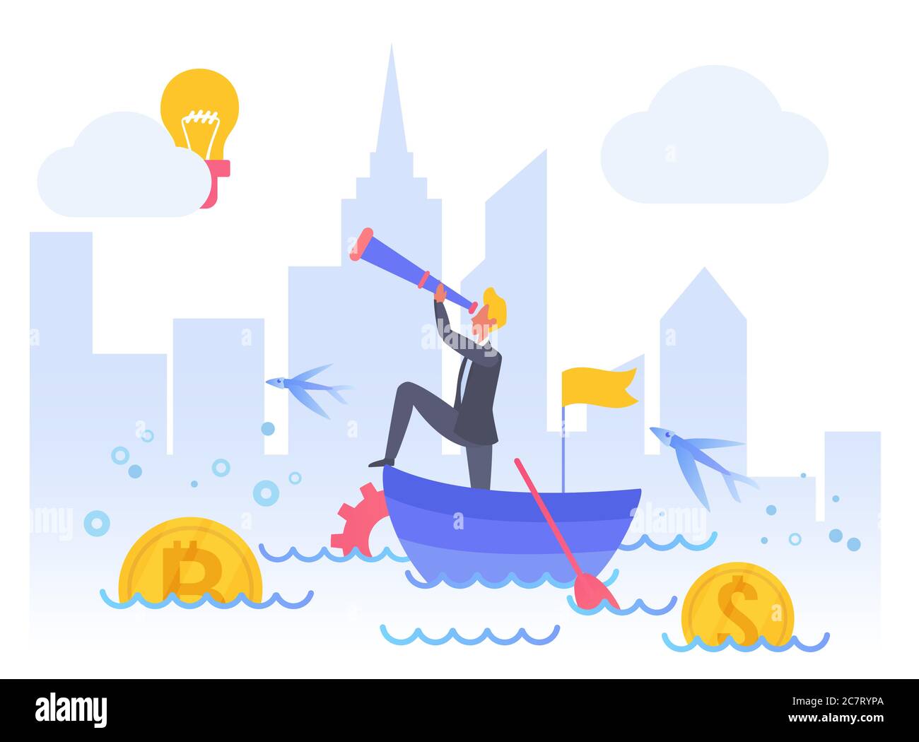 Business vision flat vector illustration. Company mission search. Financial forecast. Economical research visualisation. Decision making, forward looking. Businessman cartoon character Stock Vector