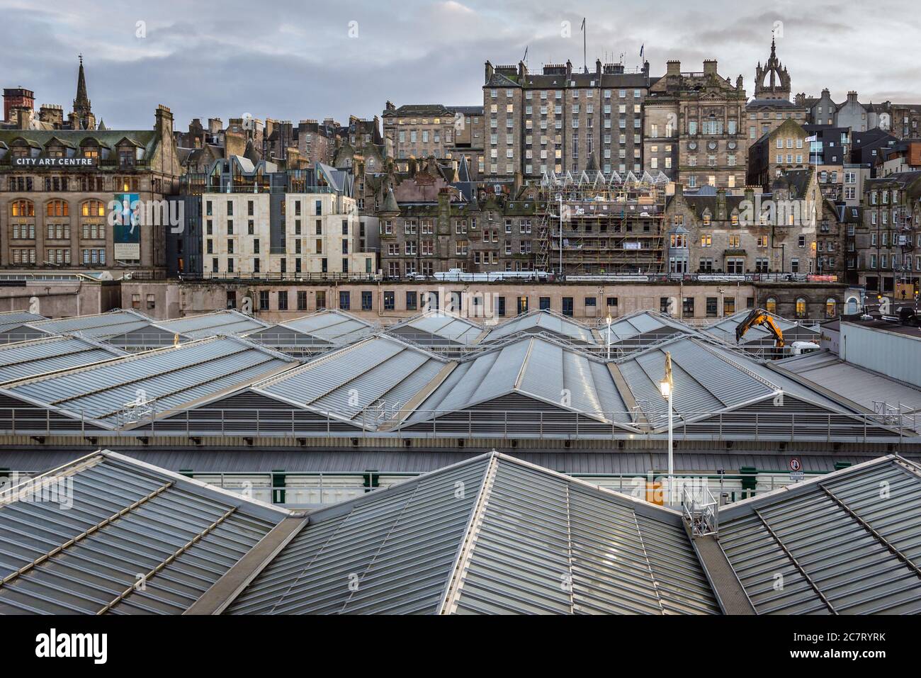 Aerial view with roofs of Waverley Mall and Waverley railway station in Edinburgh, the capital of Scotland, part of United Kingdom Stock Photo