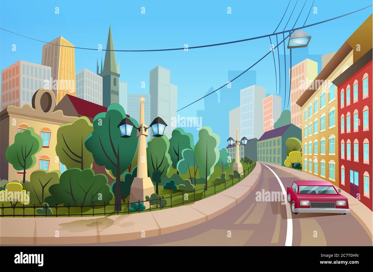 Car riding down street flat vector illustration. Luxury automobile on road in cosy district. Building facades. Urban view with houses and skyscrapers at background. Ccartoon peaceful neighbourhood Stock Vector