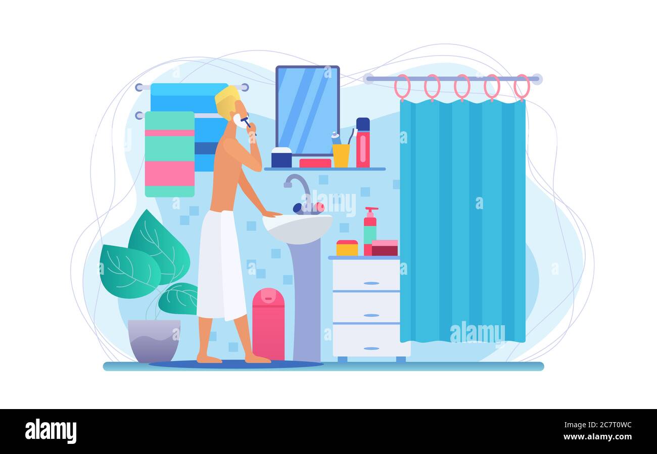 Man in bathroom flat vector illustration. Faceless male character shaving. Morning face skincare routine. Guy in bath towel. Personal hygiene concept. Bathroom interior. Grooming procedure Stock Vector