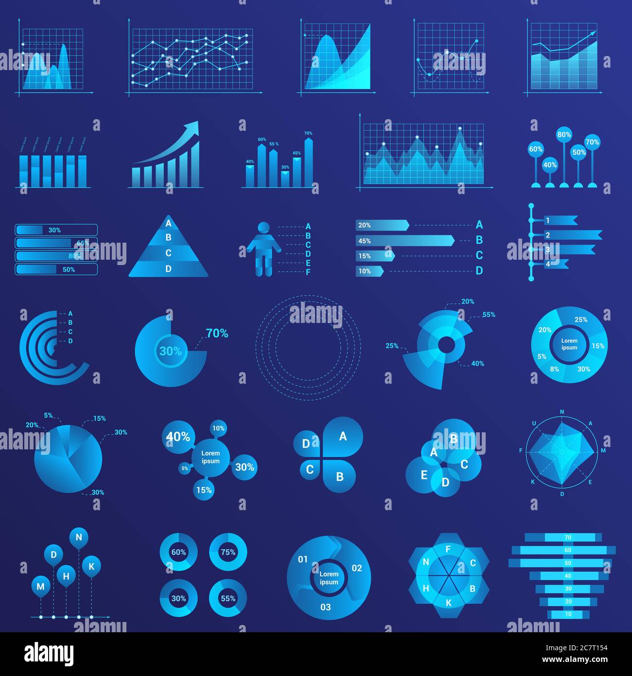 Infographics flat neon light illustrations set. Graph arrow growth color icon. Data analysis, statistics analyzing. Charts, diagrams set vector illustration Stock Vector