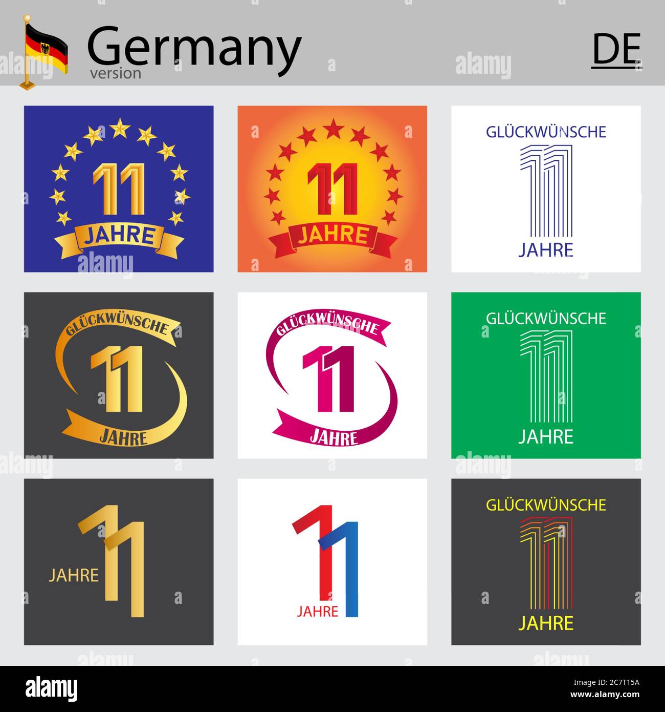 German set of number eleven years (11 years) celebration design. Anniversary vector number template elements for your birthday party Stock Vector