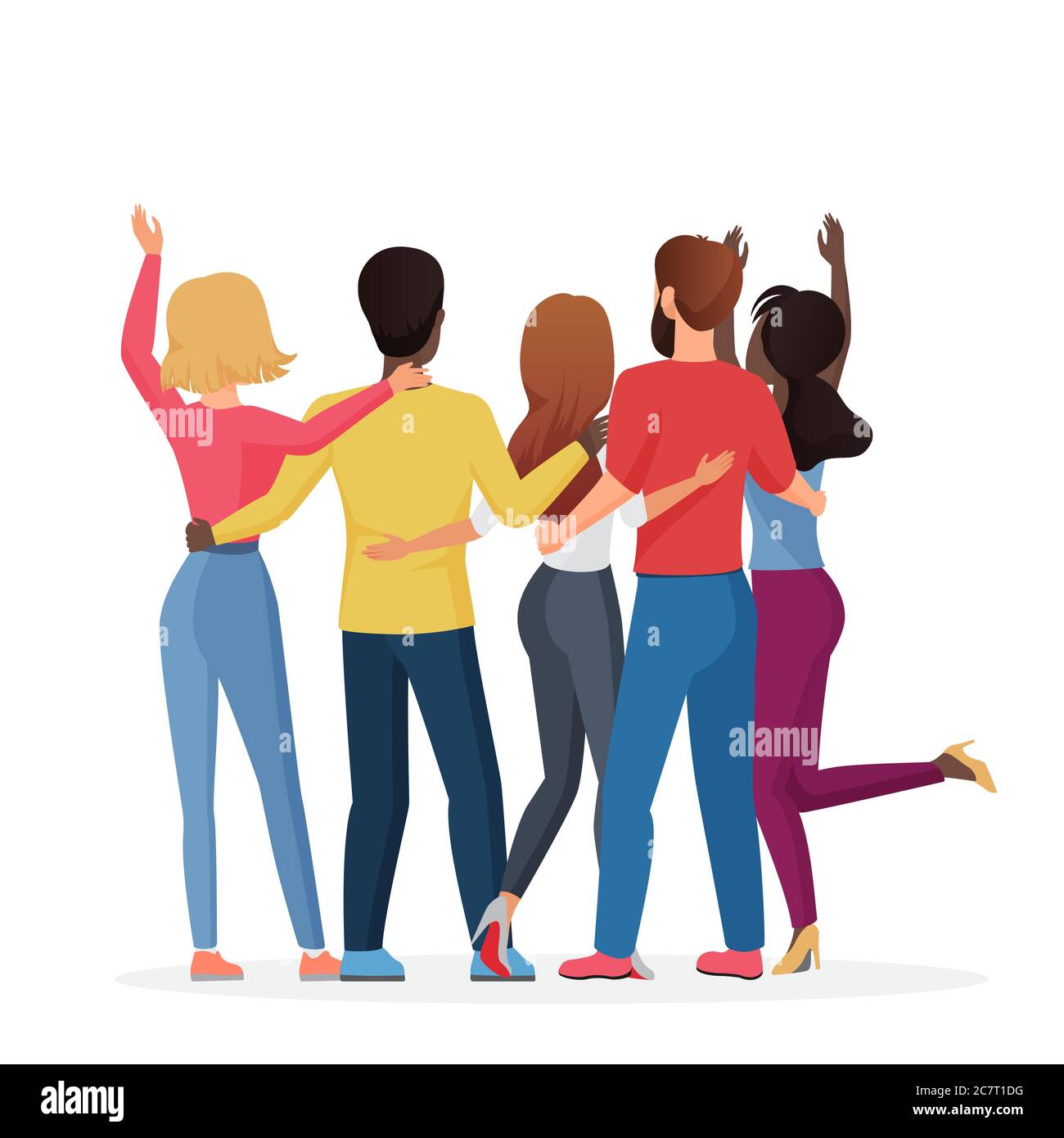 Diverse friend group of people hugging together, adolescent unity. Back view of man and woman friends standing together, embracing each other, waving hands vector illustration Stock Vector