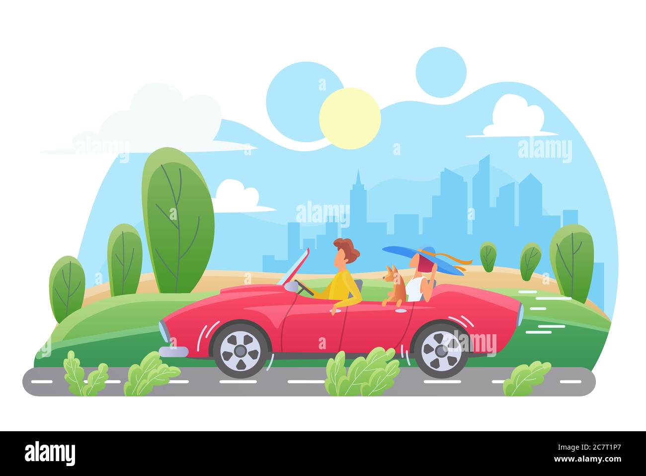 Car travel flat vector illustration. Couple with dog in cabriolet cartoon characters. Man and woman traveling with pet. Family road trip on weekend. Cityscape, skyscrapers. Summer vacation, journey Stock Vector