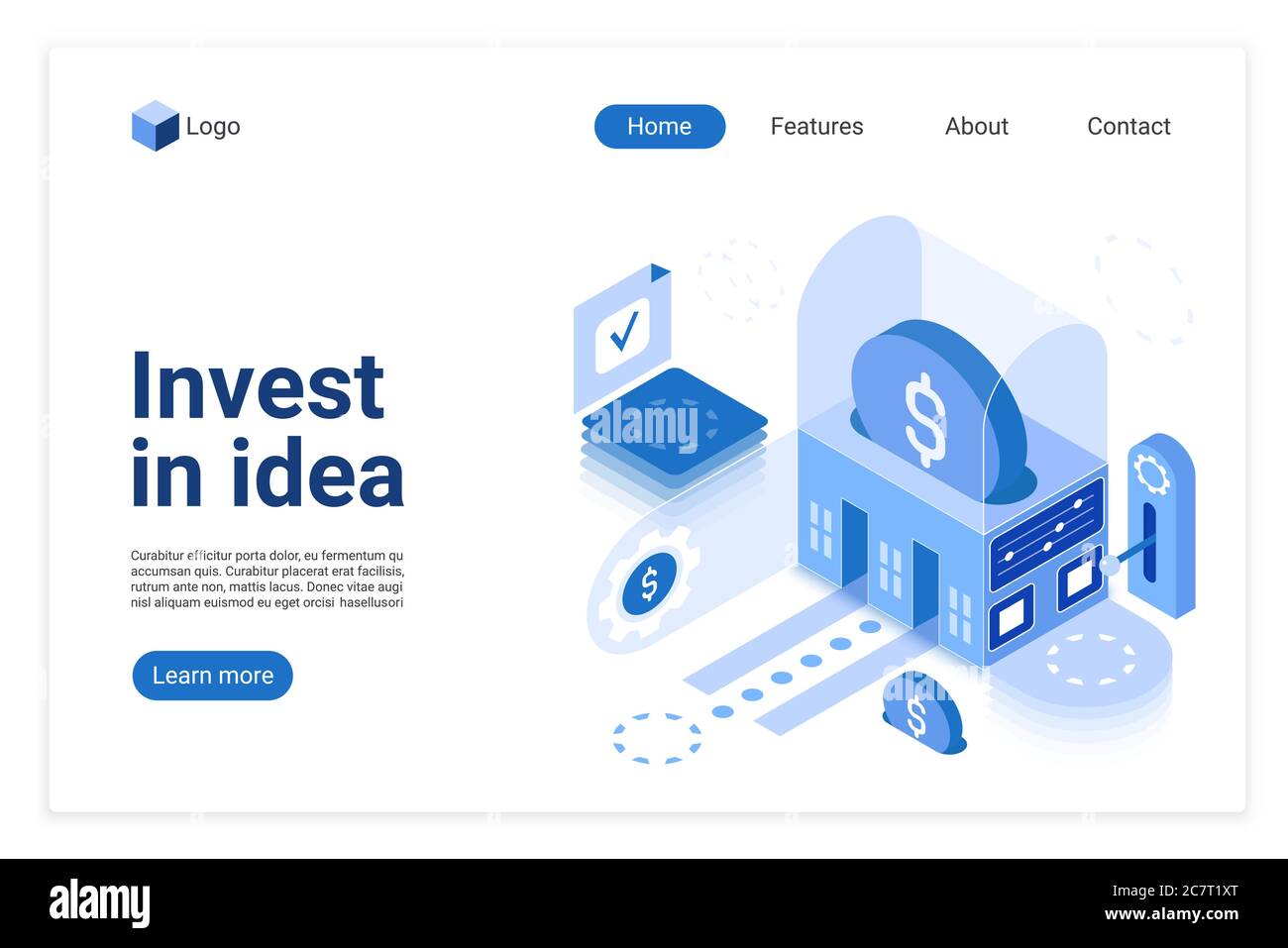Invest in idea vector isometric landing page template. Crowdfunding website homepage interface layout. Investment, financial. Business strategy. Crowdsourcing web banner, webpage 3D concept Stock Vector