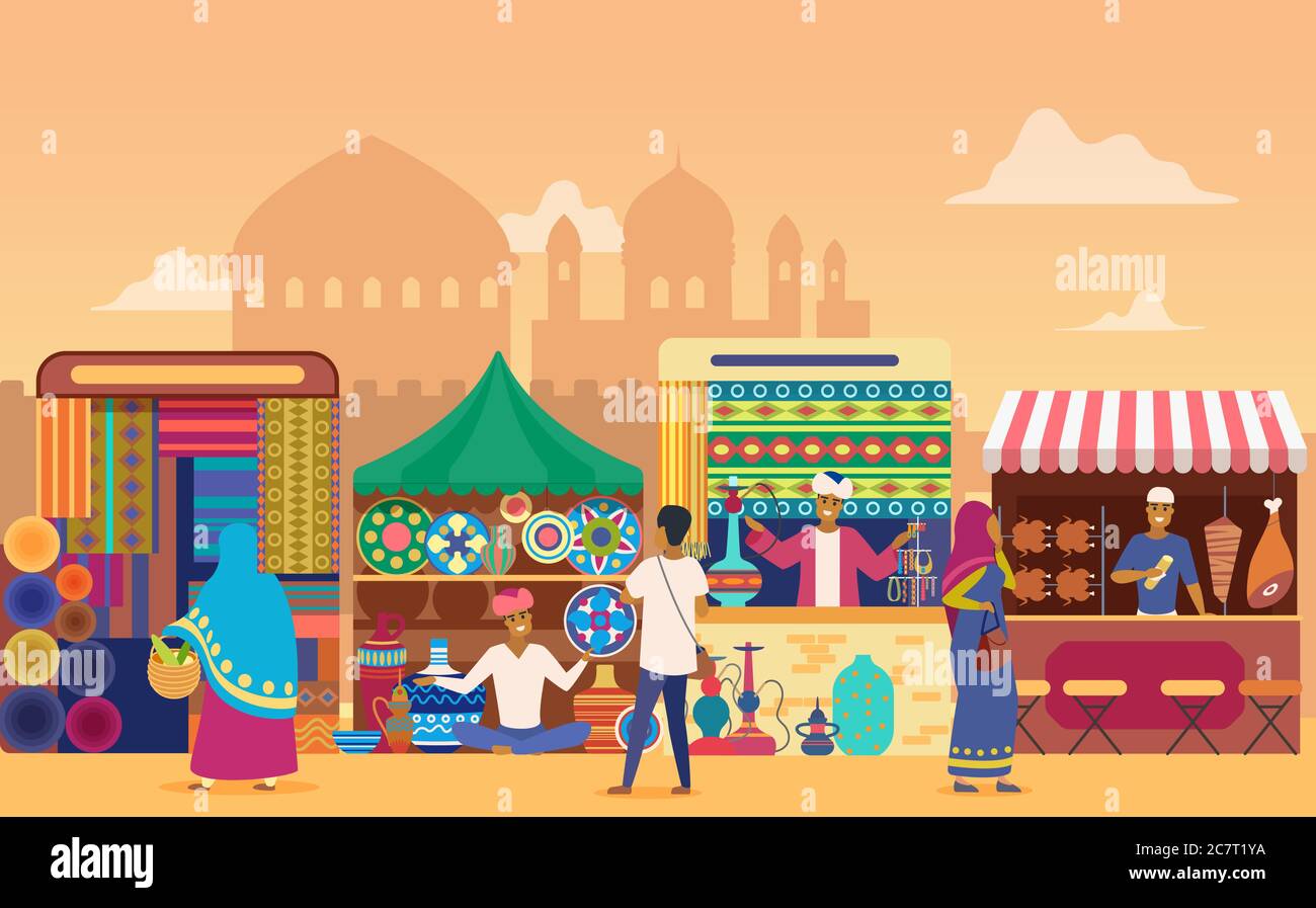 Indian street market at sunset flat vector illustration. Cartoon characters shopping at outdoor marketplace. Cheerful vendors selling handmade home decor goods. Sellers at stalls. Temples background Stock Vector