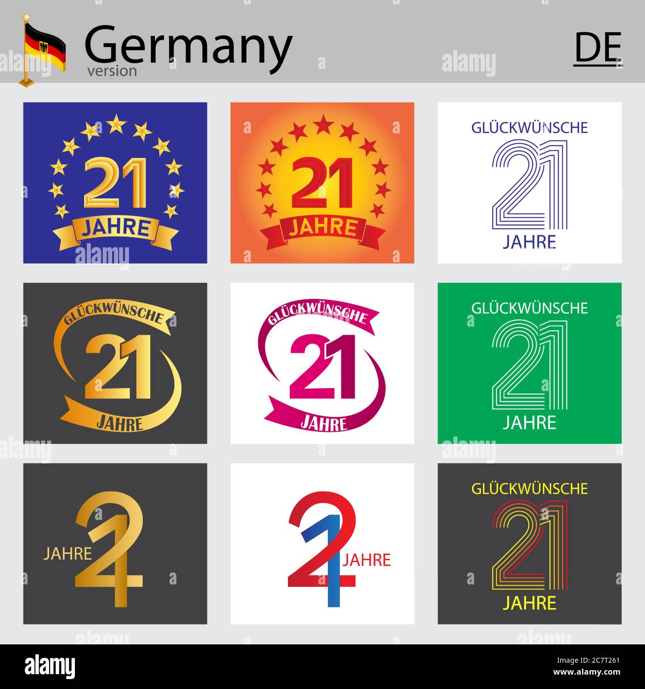 German set of number twenty-one years (21 years) celebration design. Anniversary vector number template elements for your birthday party Stock Vector