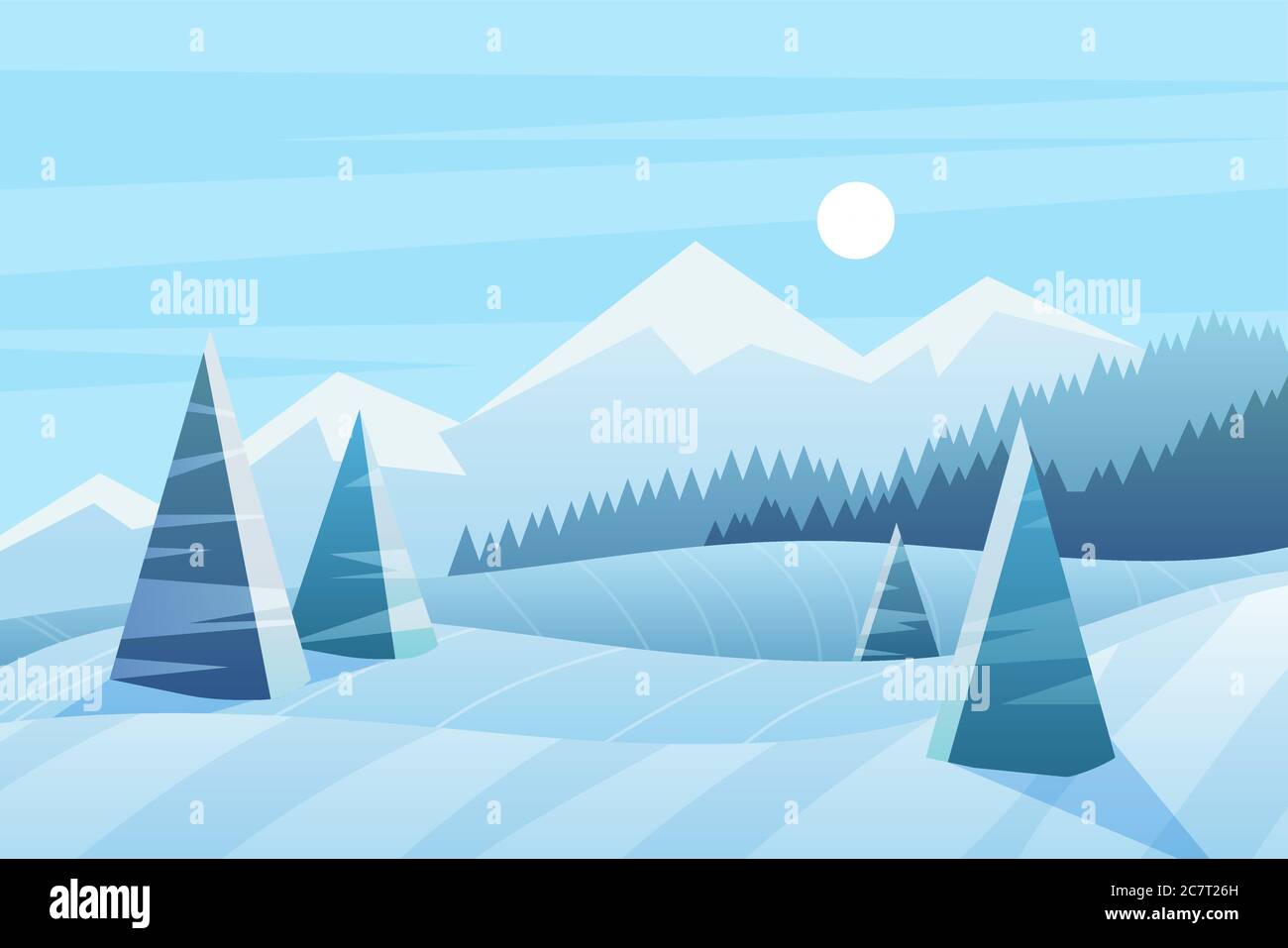 Sunny winter day vector illustration. Scenic view with spruces and ...