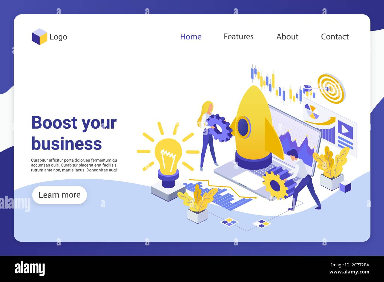 Business boost isometric landing page vector template. Businesspeople, male and female entrepreneurs faceless characters. Project development, company promotion web banner homepage design layout Stock Vector