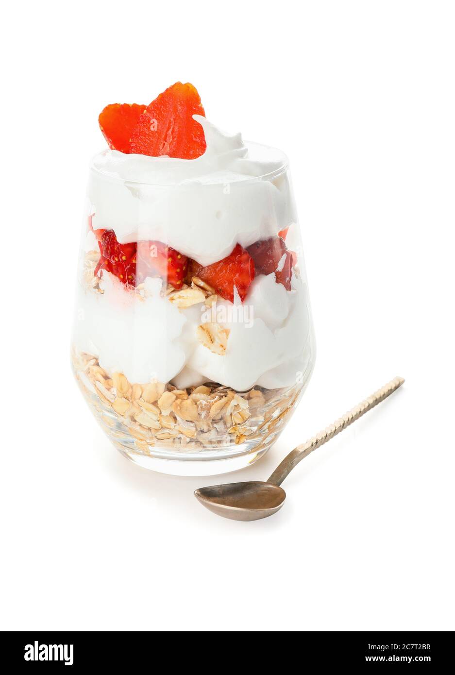 Tasty strawberry dessert in glass on white background Stock Photo Alamy