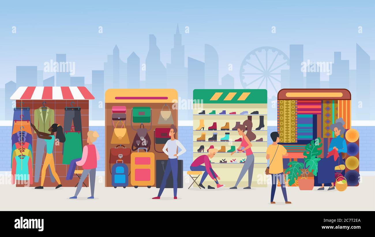 Street clothing market flat vector illustration. People buying apparel and accessories at outdoor marketplace in modern city. Vendors and customers. Salesmen at stands. Megapolis view background Stock Vector