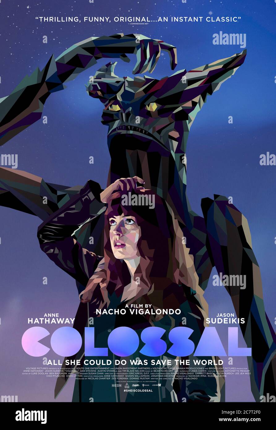 Colossal (2016) directed by Nacho Vigalondo and starring Anne Hathaway, Jason Sudeikis and Austin Stowell. A jilted woman discovers she is somehow connected a giant monster reeking havoc in South Korea. Stock Photo