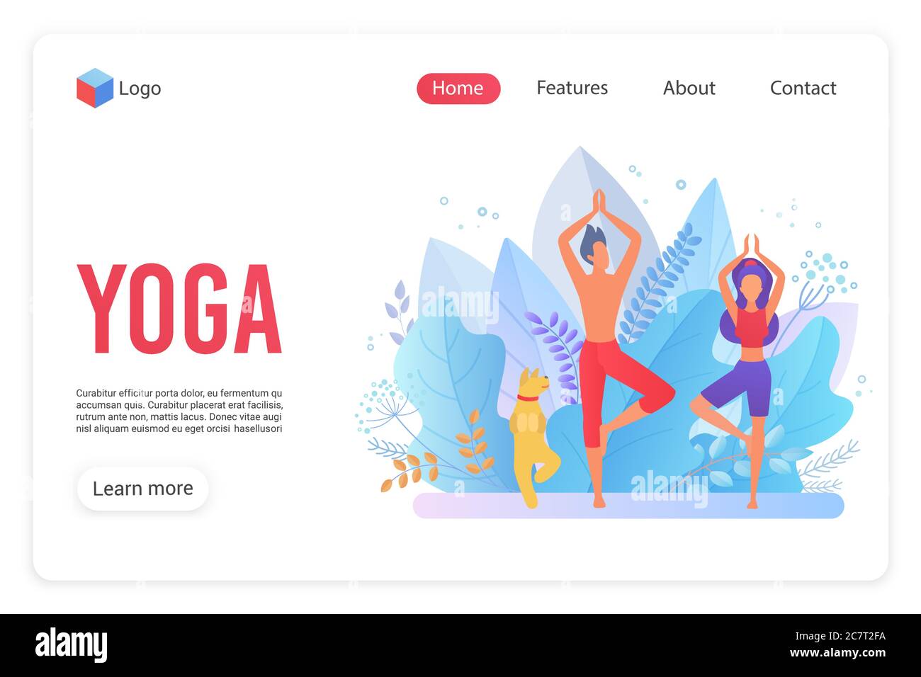 Yoga family classes flat landing page template. Meditation exercise website homepage layout. Man and woman couple with dog in concentration pose. Pilates workout web banner design vector illustration Stock Vector