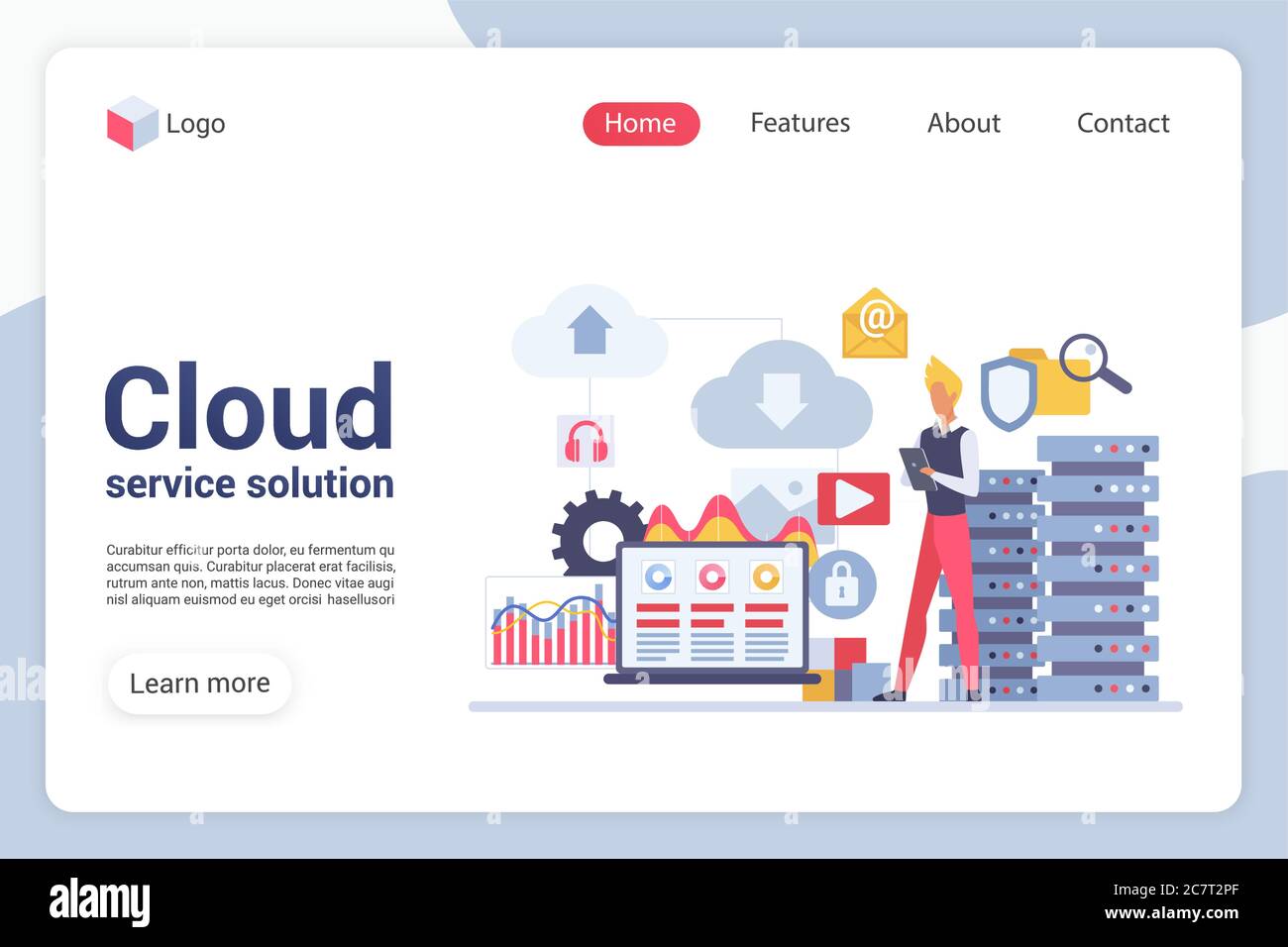 Cloud service solution landing page vector template. Hosting website interface idea with flat illustrations. Data storage homepage layout. Digital library web banner, webpage cartoon concept Stock Vector