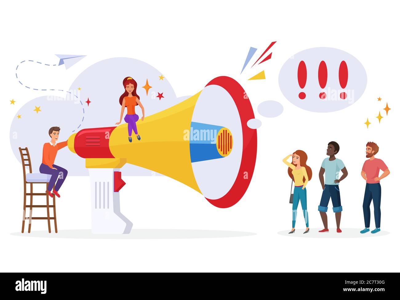 PR management and advertisement concept. Announcement, broadcast concept. Marketing promotional campaign flat vector illustration. Big loudspeaker and marketers characters team isolated Stock Vector