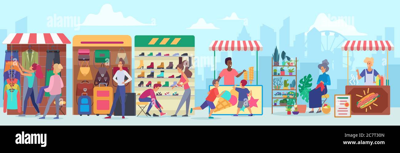 Street clothing and food market flat vector illustration. Cartoon characters buying apparel and accessories at sidewalk marketplace in megapolis. Cheerful vendors at stands. Cityscape background Stock Vector