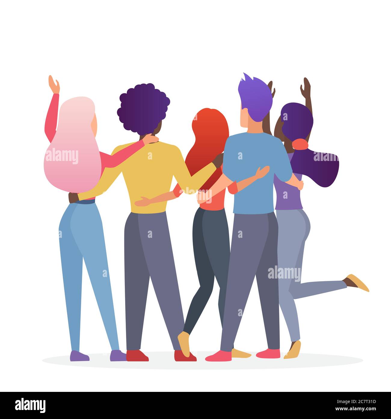 Diverse friend group of people hugging together. Back view of teenage boys and girls or school friends standing together, embracing each other, waving hands vector illustration. Stock Vector