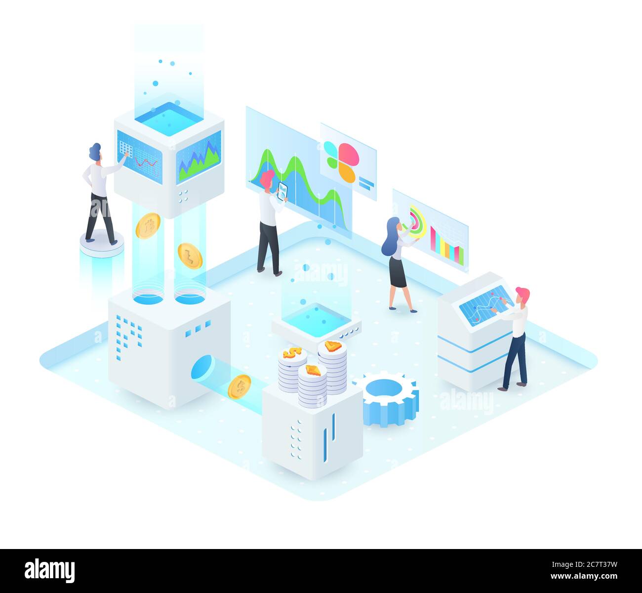 Cryptocurrency exchange platform isometric vector illustration. Online trading platform. Digital service maintenance. Teamwork and currency rate analisys. E-commerce cartoon conceptual design element Stock Vector