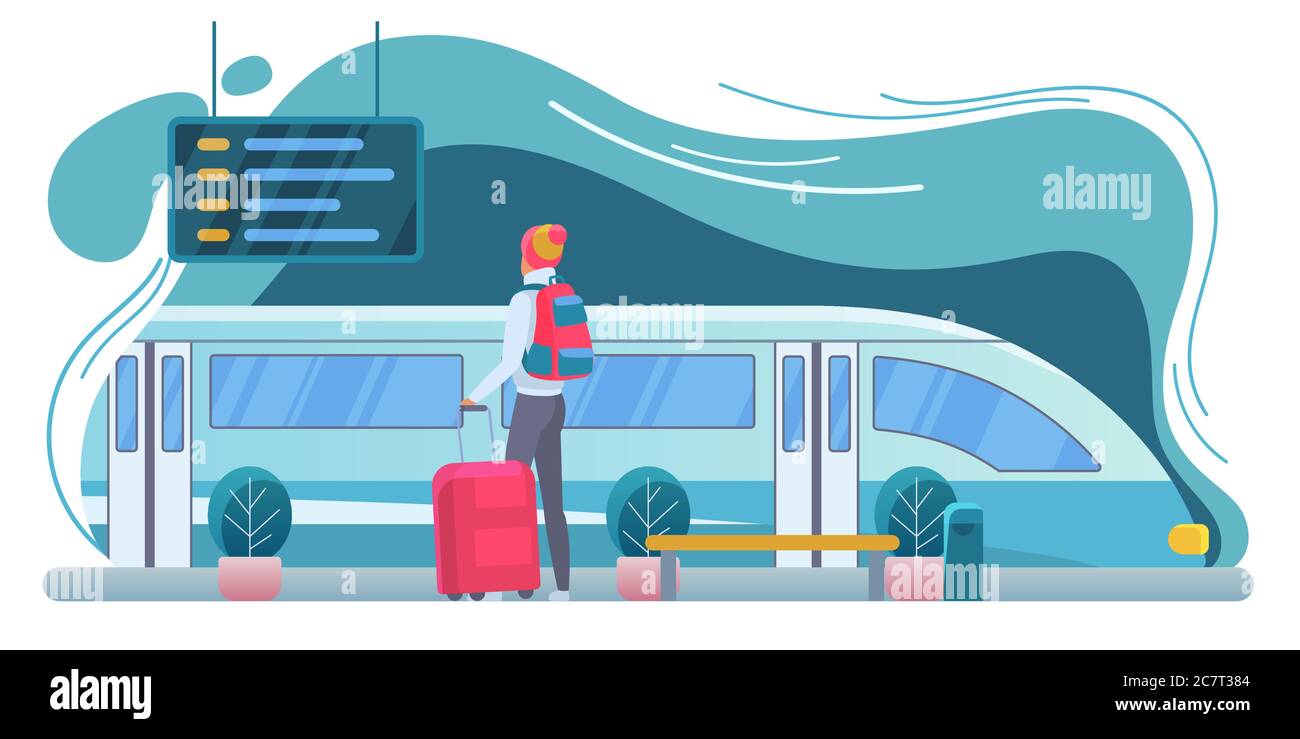 Traveler at railway station flat vector illustration. Tourist with backpack at platform cartoon character. Modern train. Backpacker with suitcase looking at departure board. Vacation, trip, journey Stock Vector