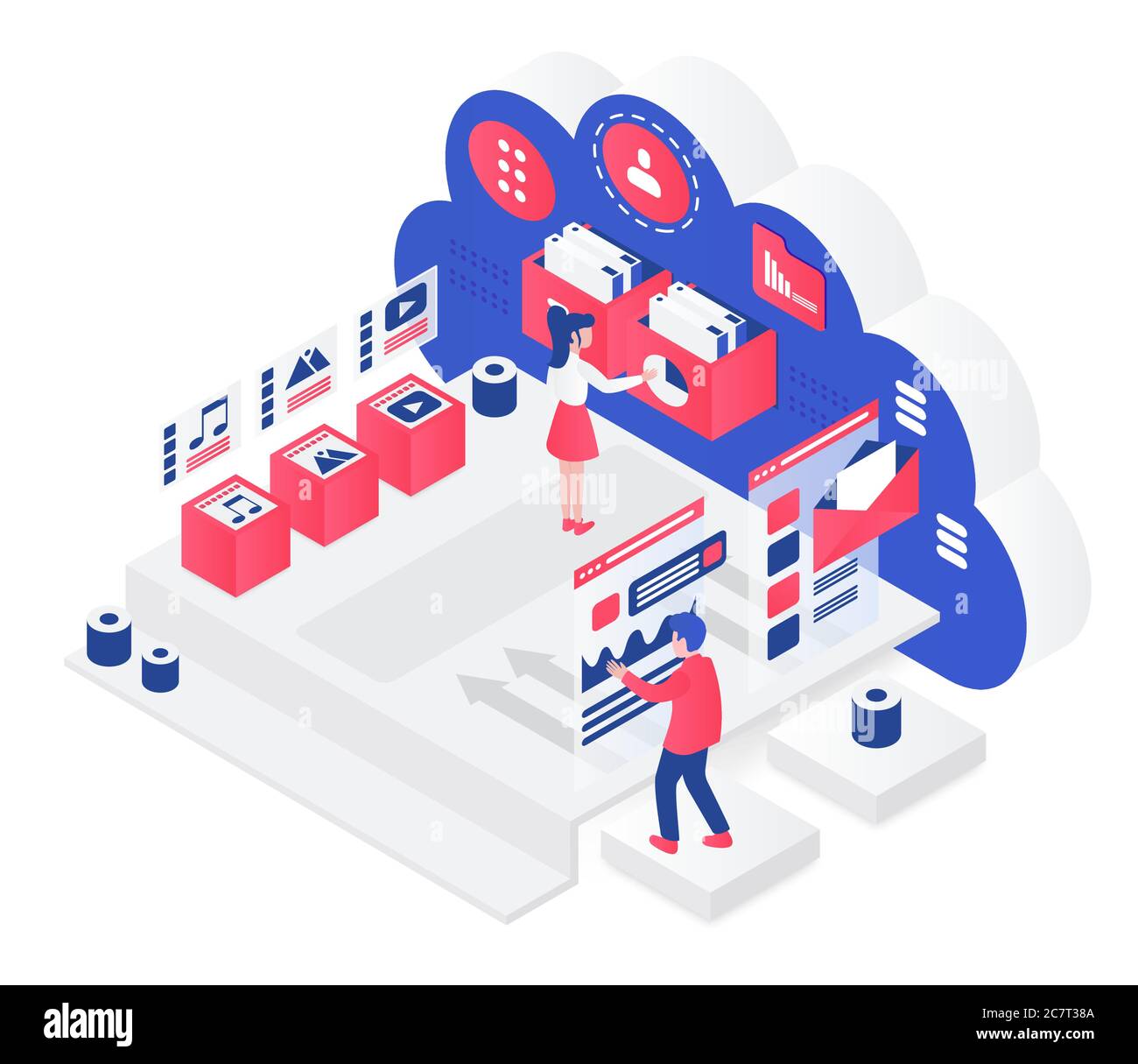 Cloud storage isometric vector illustration. Teamwork and communication. Innovative technology maintenance for information access. Digital platform. Data center cartoon conceptual design element Stock Vector