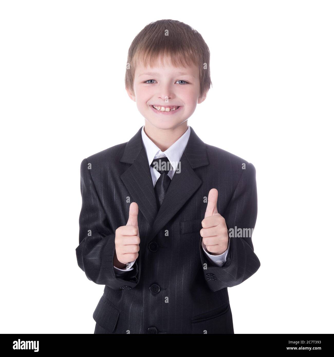 little boy in business suit thumbs up isolated on white background