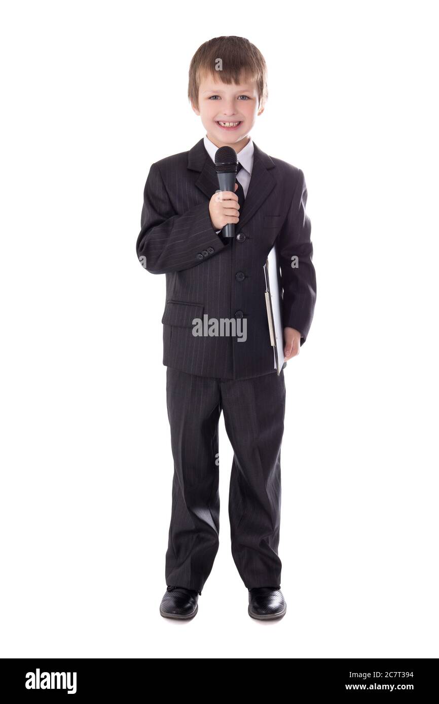 cute little boy in business suit with microphone isolated on white