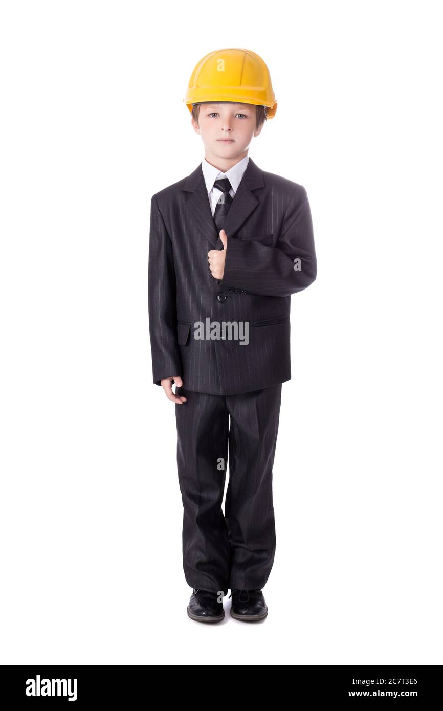 little boy in business suit and builder's helmet isolated on white