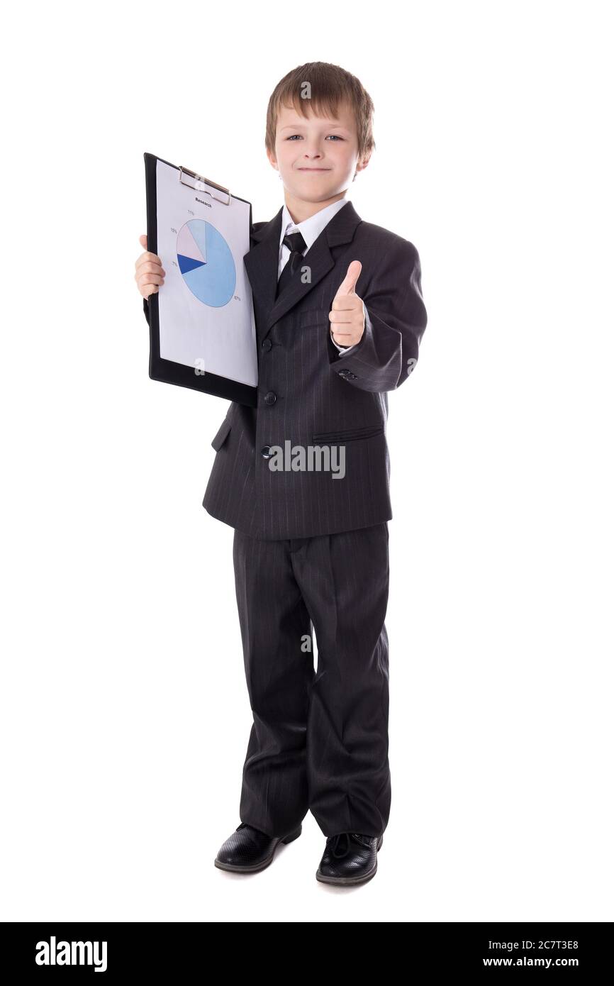 business concept little boy in business suit showing results of