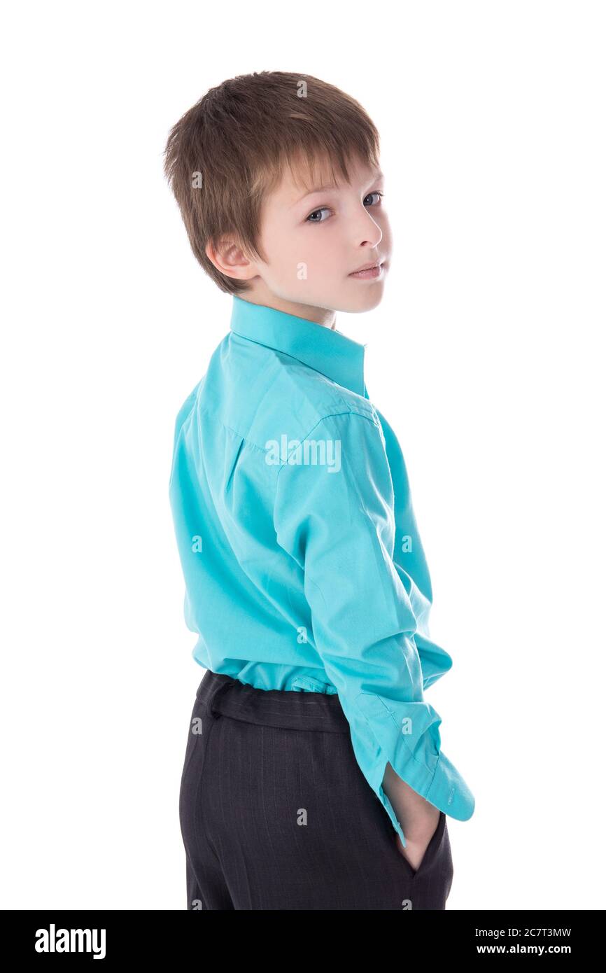 portrait of cute little boy in business suit isolated on white