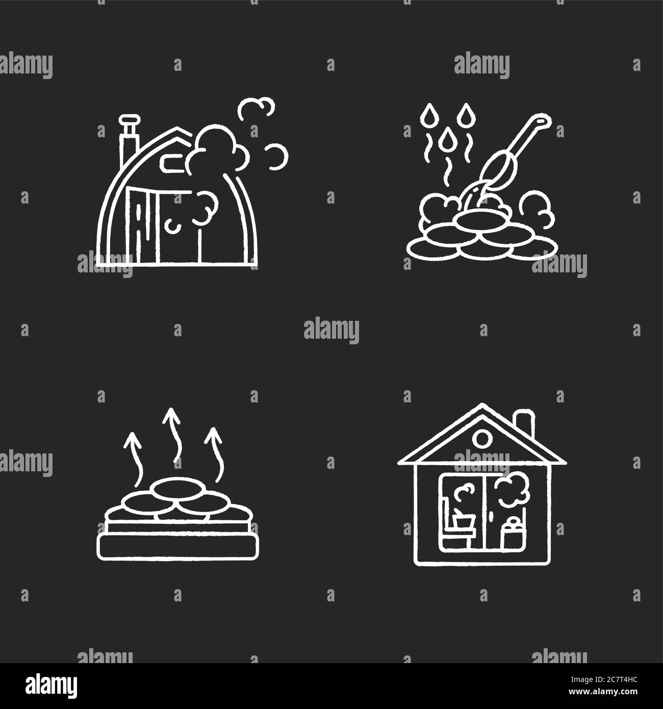 Sauna types chalk white icons set on black background. Different