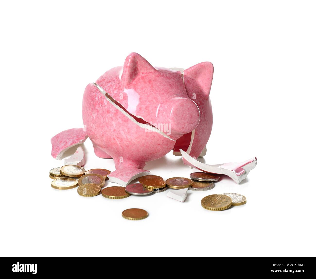 Broken piggy bank and coins on white background Stock Photo - Alamy