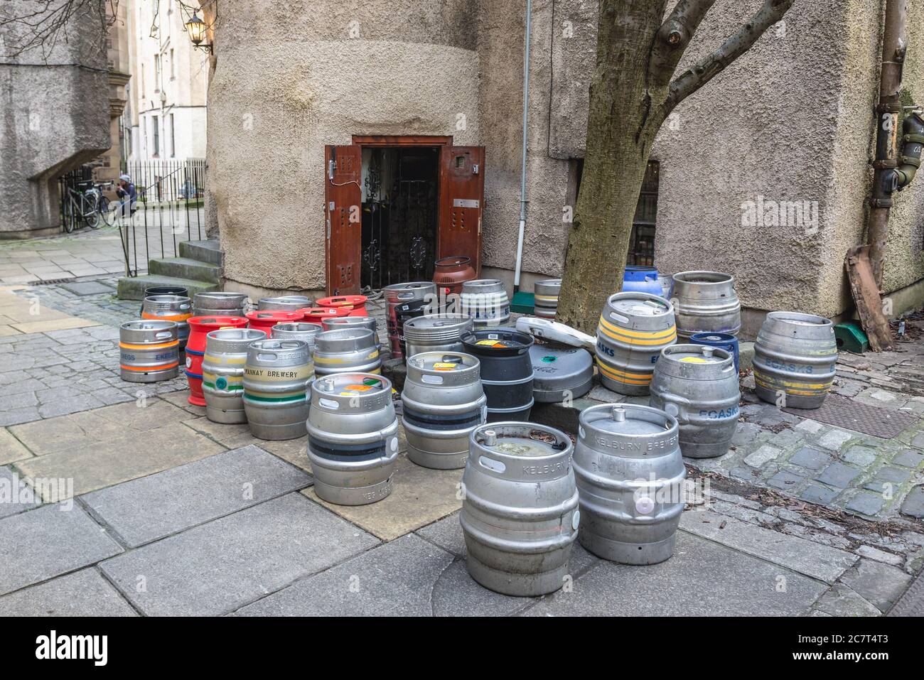 Beer keg on the back entrance to pub on James Court in Edinburgh, the capital of Scotland, United Kingdom Stock Photo