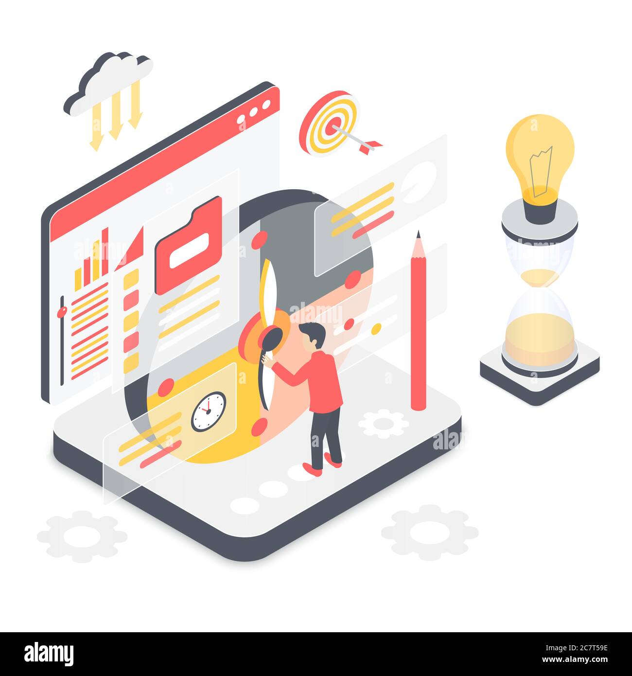Effective time management isometric vector illustration. Planning projects to meet deadline. Productivity and multitasking. Timetable indicator. Virtual platform cartoon conceptual design element Stock Vector