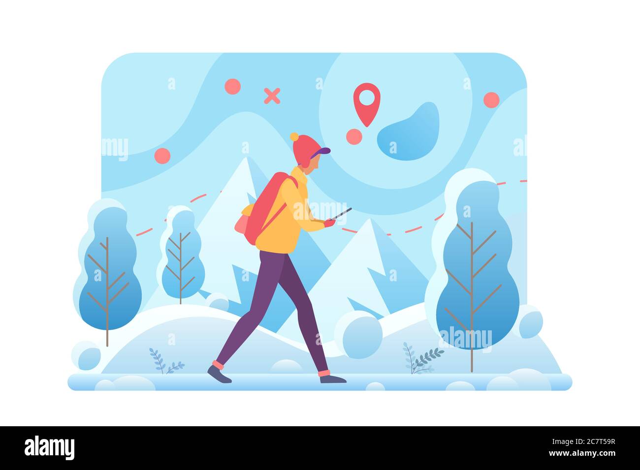 Winter hiking flat vector template. Trekking tour and walking tourism in cold winter mountains cartoon concept. Outdoor activities. Man walking in forest with navigation Stock Vector