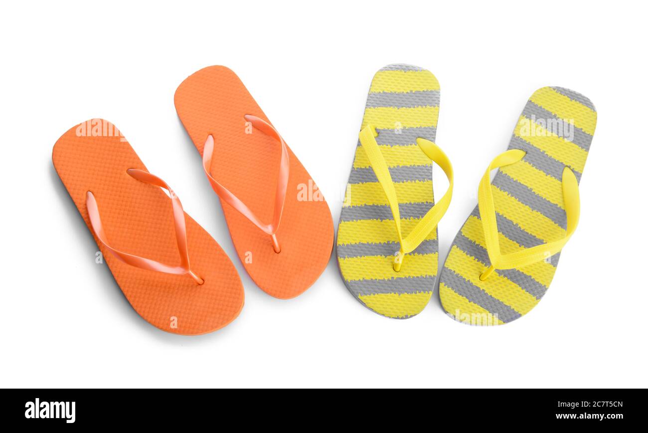 Stylish flip-flops on white background Stock Photo - Alamy